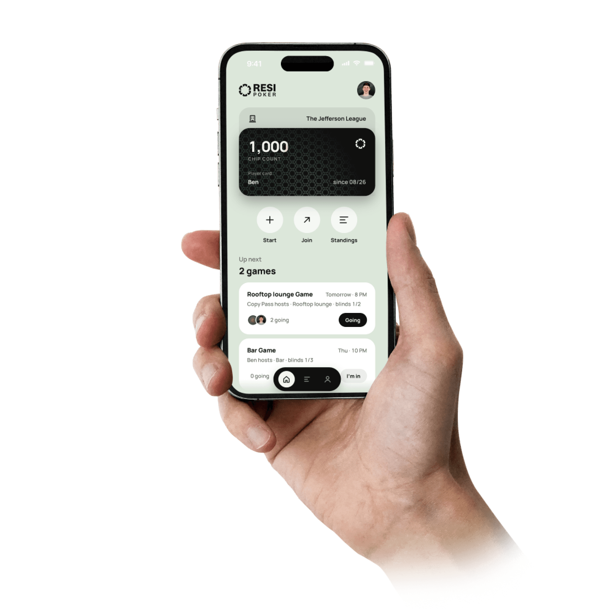 A hand holding a phone showing the Resi Poker home screen: The Jefferson League card with a 1,000 chip count, Start, Join and Standings buttons, and two games coming up.
